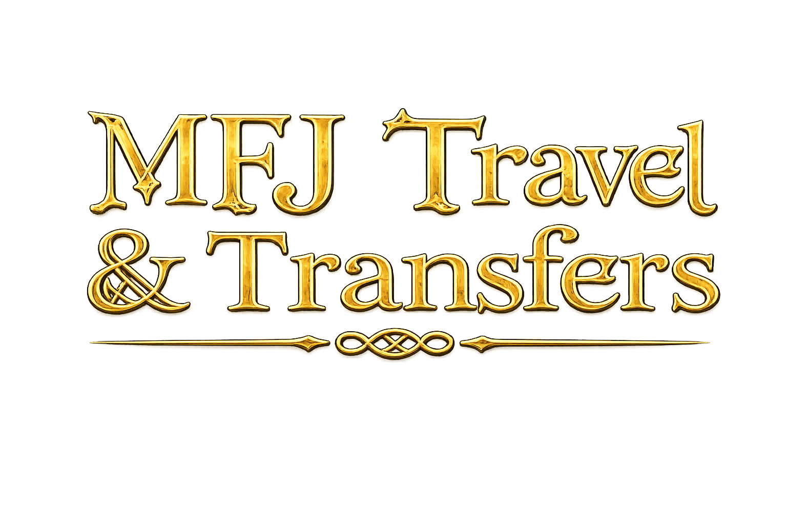 Golden text that reads 'MFJ Travel & Transfers' with a decorative line and swirl design below, set against a dark background with blue accents.