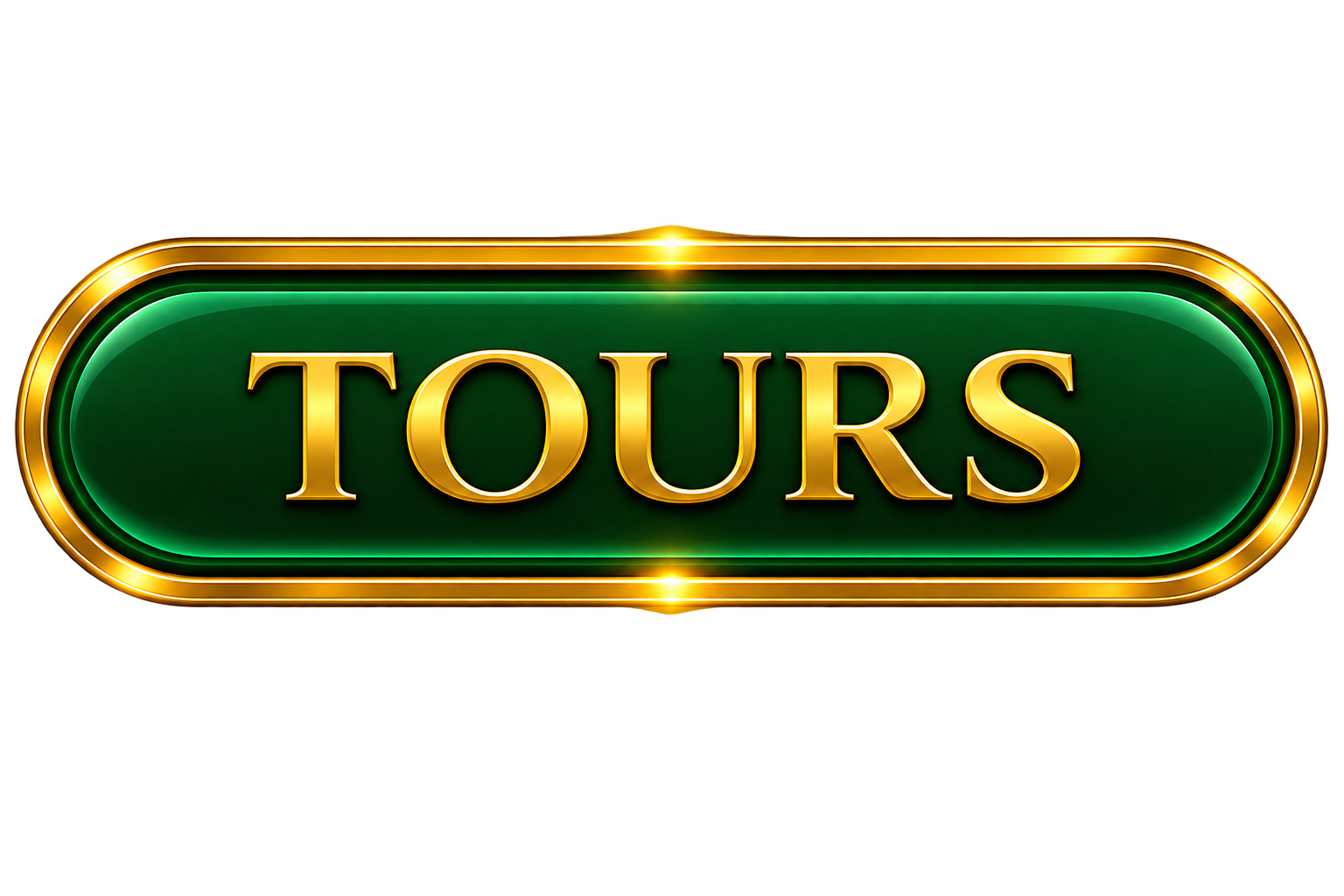 A green and gold illuminated sign with the word 'TOURS' in gold letters.