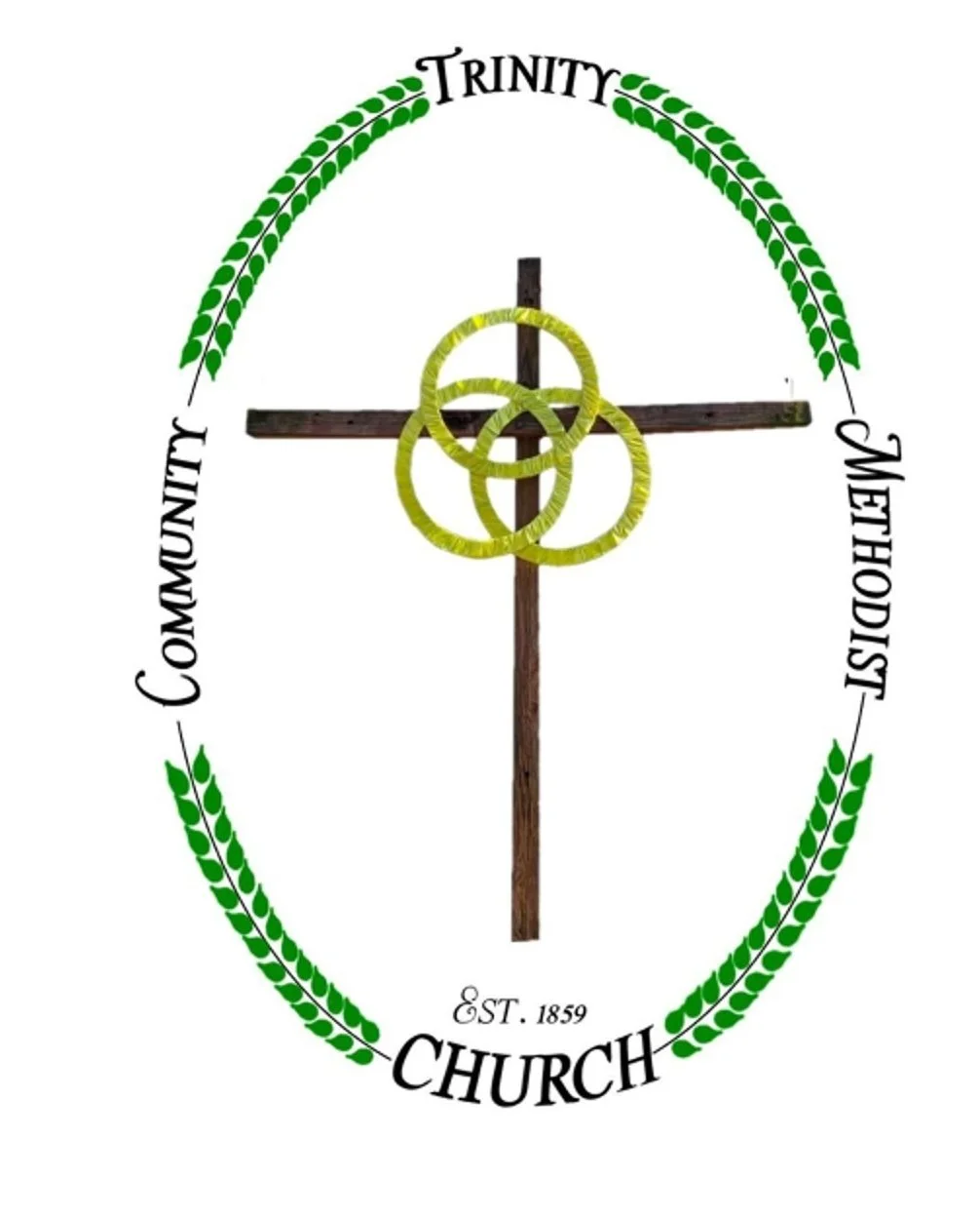 A church emblem featuring a wooden cross with three yellow rings entwined at the center, surrounded by green wheat stalks forming an oval, with the words 'Trinity', 'Community', 'Methodist', and 'Church' and the establishment year 1859.
