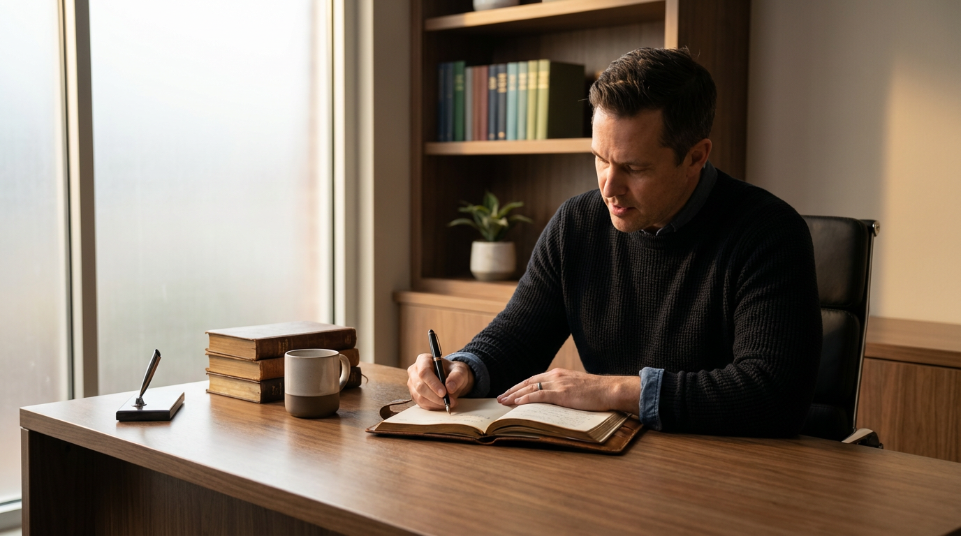 A man sitting at a wooden desk, writing in an open journal with a pen. The desk has a stack of books, a coffee mug, and a pen holder. Behind him, a bookshelf with books and a potted plant.