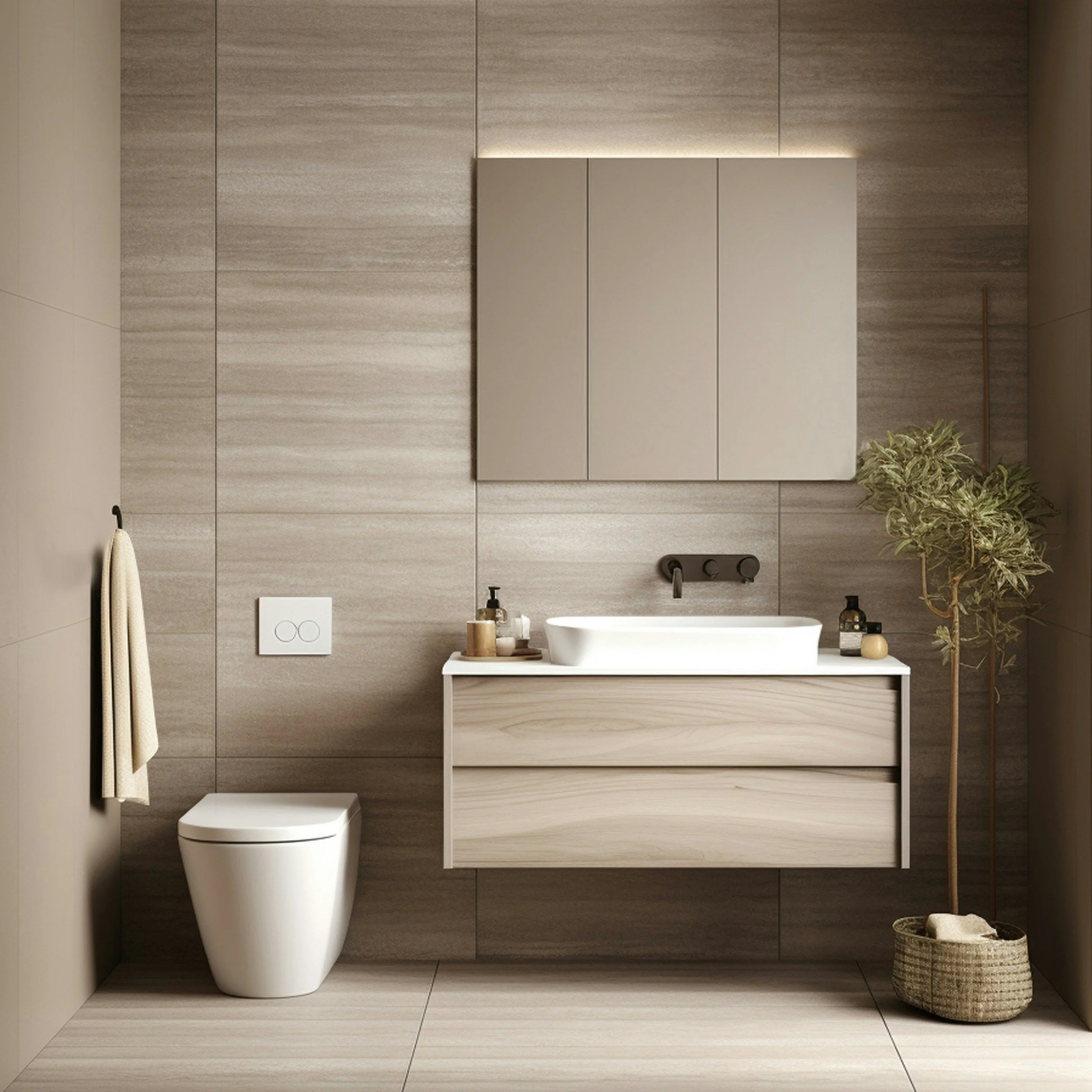 Modern bathroom with beige tiled walls, wall-mounted toilet, white sink with beige backsplash, and a potted plant on the right side of the sink, with a basket on the floor containing rolled towels.
