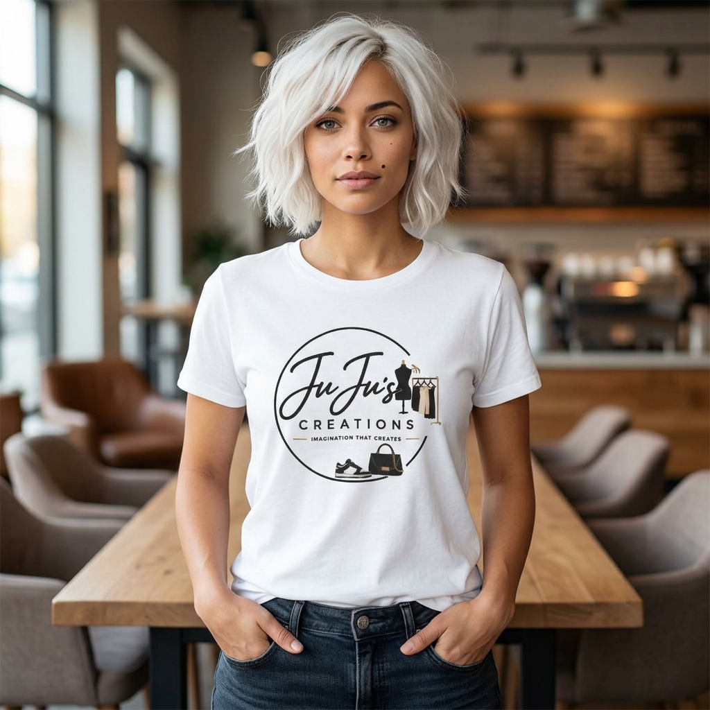 A woman with short, platinum blonde hair standing in a modern cafe wearing a white T-shirt with a logo and text that reads "Ju Ju's Creations: Imagination That Creates." She has her hands in her pockets and is looking at the camera.