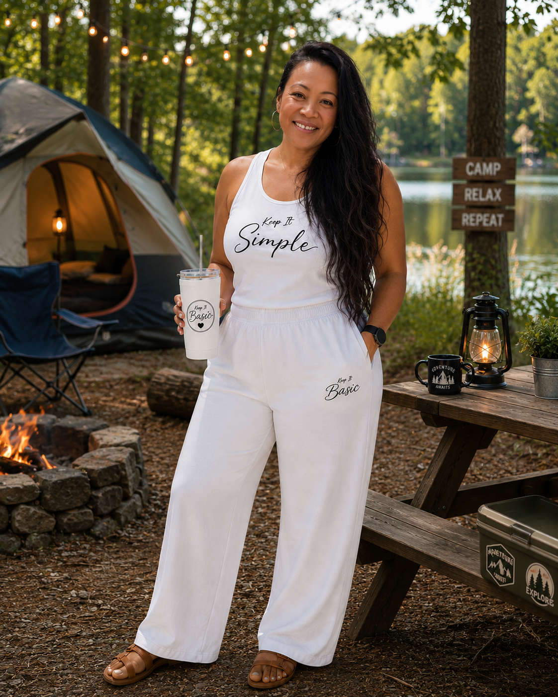 Woman at a campsite by a lake, smiling, holding a drink with a straw, standing near a picnic table with a lantern and mug, camping tent and campfire in the background, surrounded by trees.