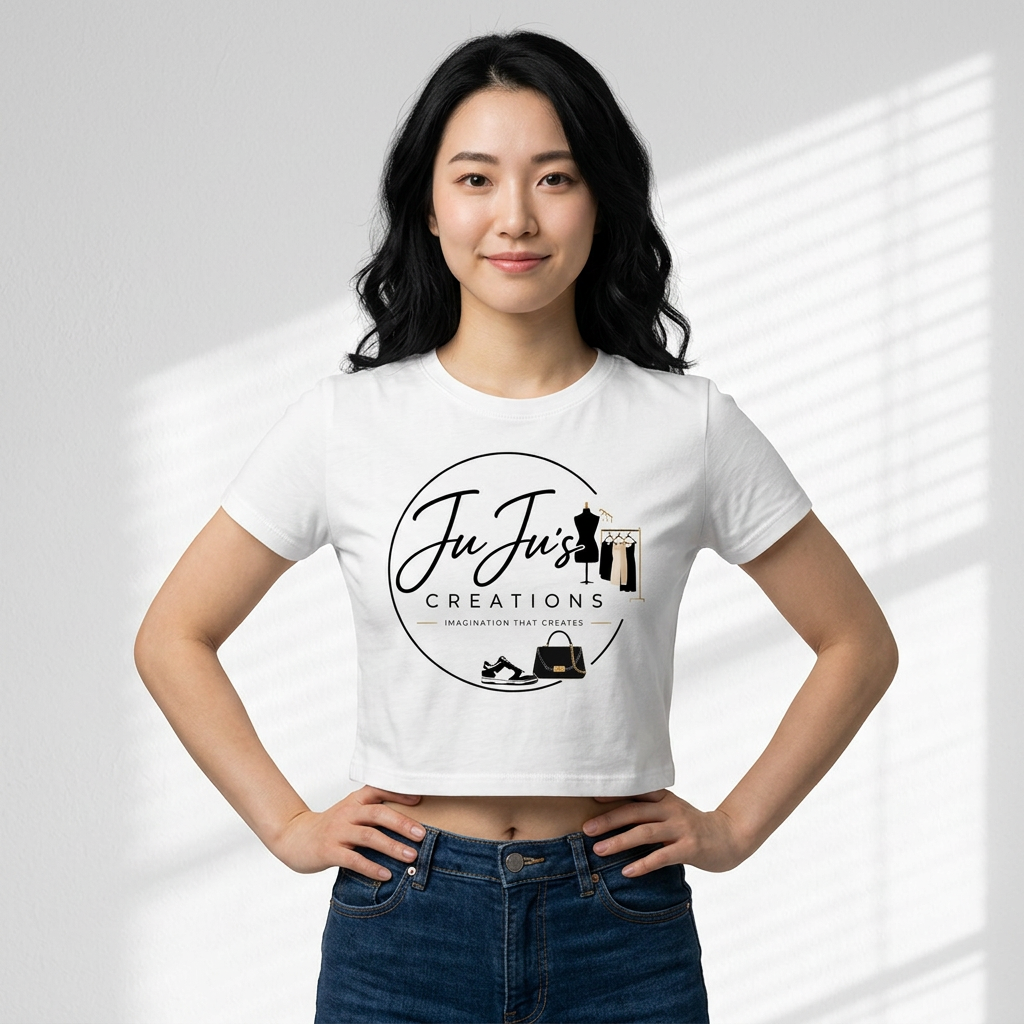 Young woman with black hair wearing a white crop top with a logo for Ju Ju's Creations and her hands on her hips, standing against a white wall with light shadows.