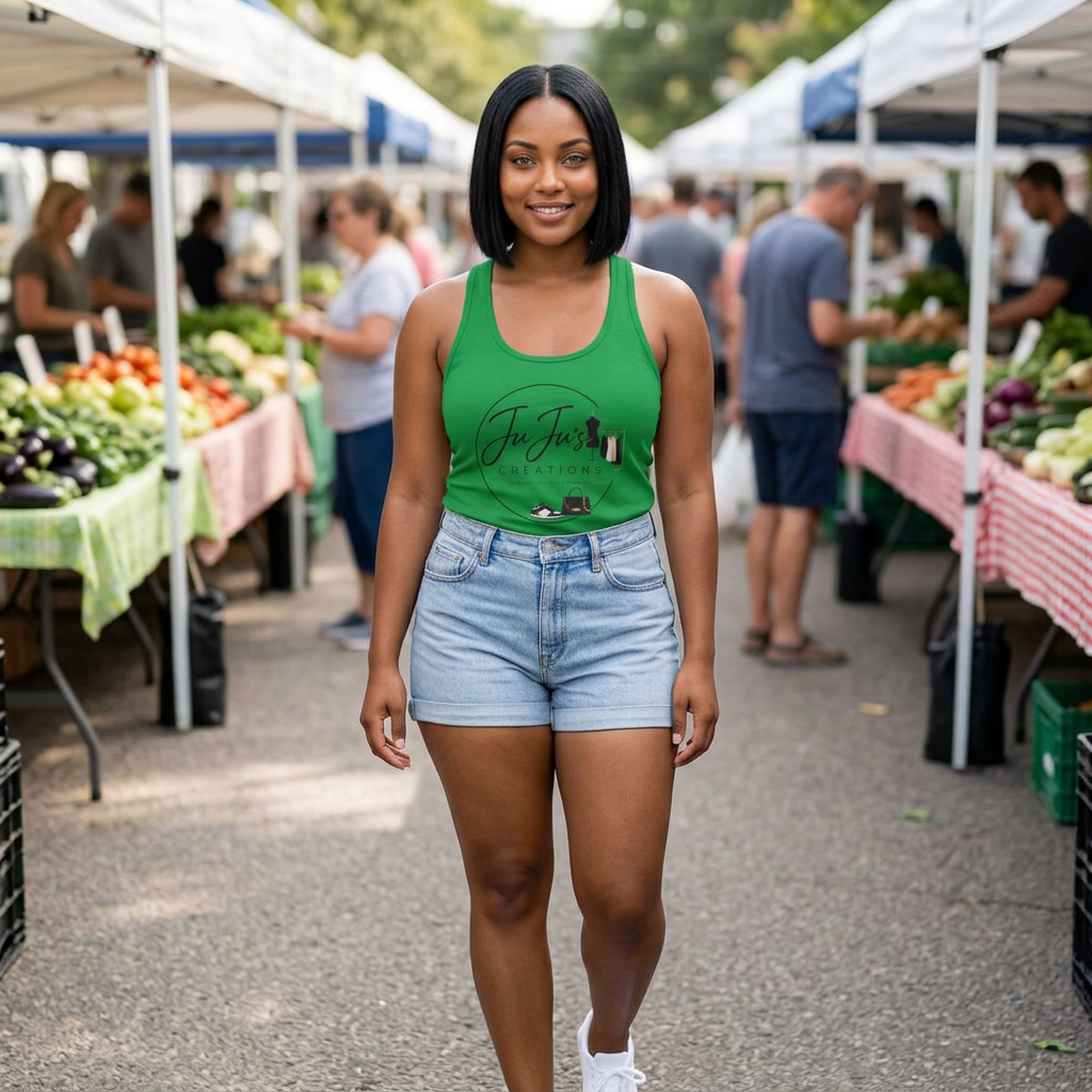 A woman in a green tank top and denim shorts standing in front of a farmers market with produce stalls and shoppers.