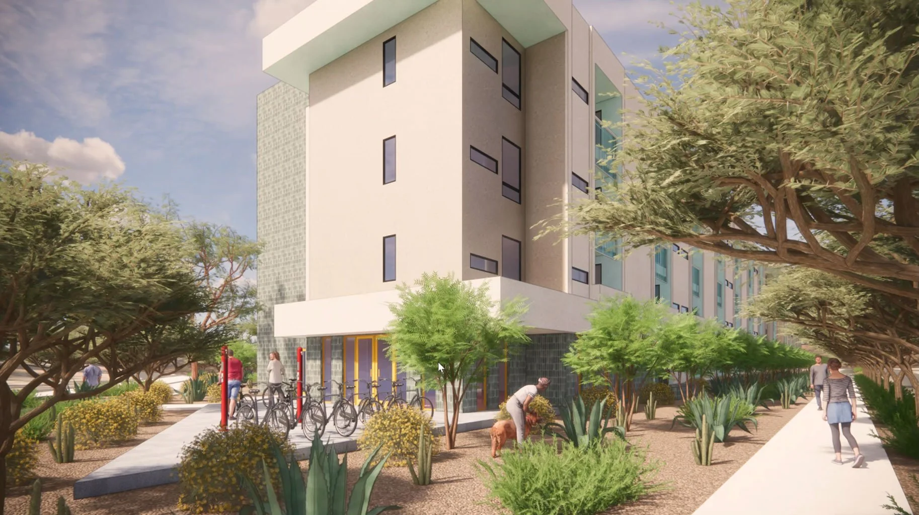 Render of a modern multi-story building with a landscaped outdoor area featuring trees, bushes, and walking paths. People are walking, cycling, and tending to small plants in the garden.