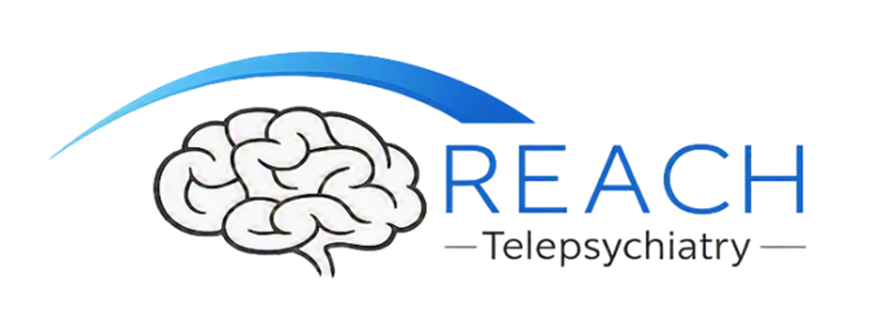 Logo for REACH Telepsychiatry featuring a stylized brain with a blue arc above it.