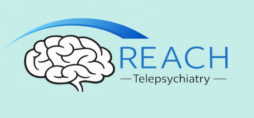 Logo for REACH Telepsychiatry featuring a brain illustration and blue text.