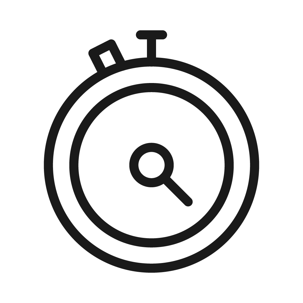Black icon of a stopwatch or timer with a round face and a small button on top, with a hand pointing to approximately 9 o'clock.
