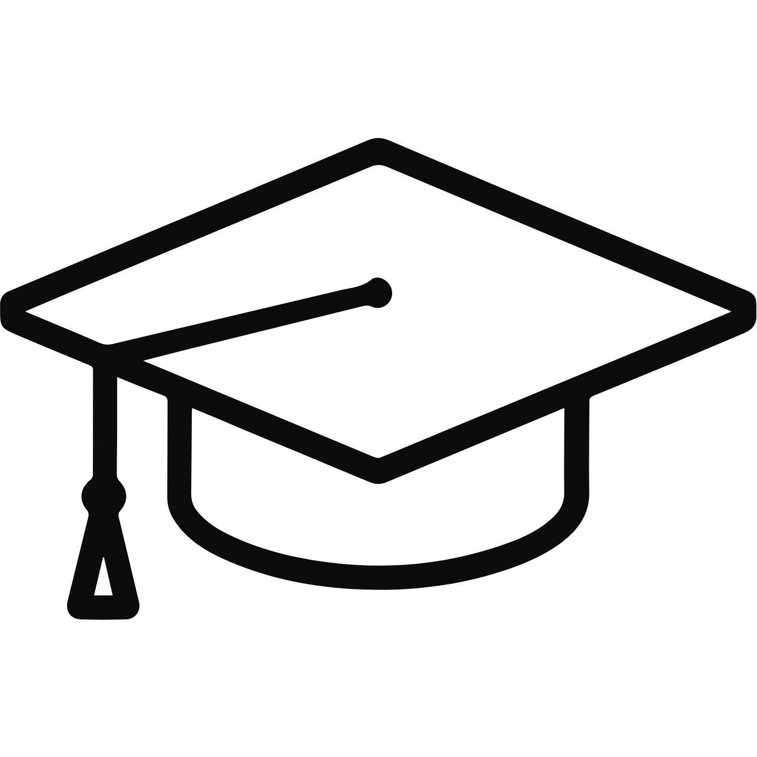 Line drawing of a graduation cap or mortarboard with a tassel.