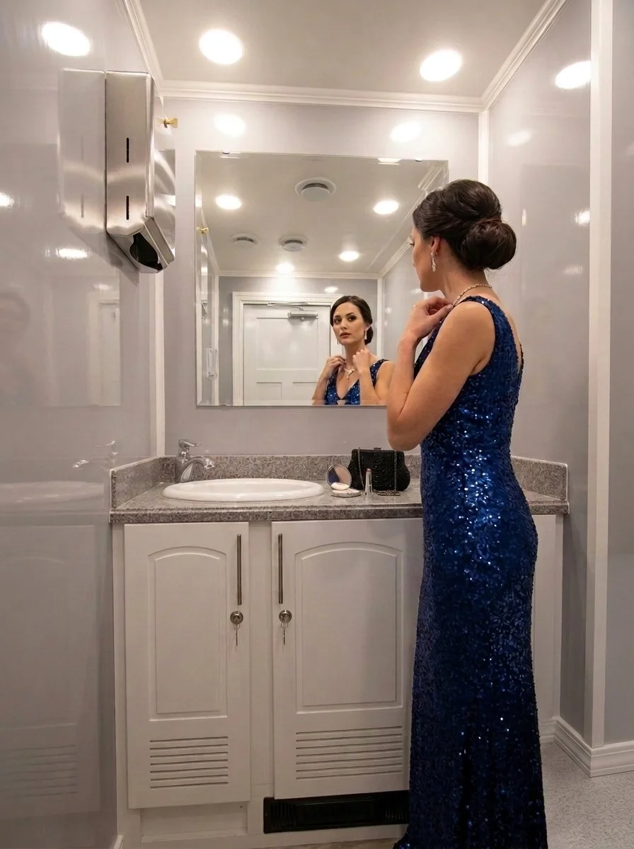 Woman in a blue sequin evening gown standing in front of a mirror in a mobile restroom trailer, adjusting her necklace, with her reflection visible in the mirror.
