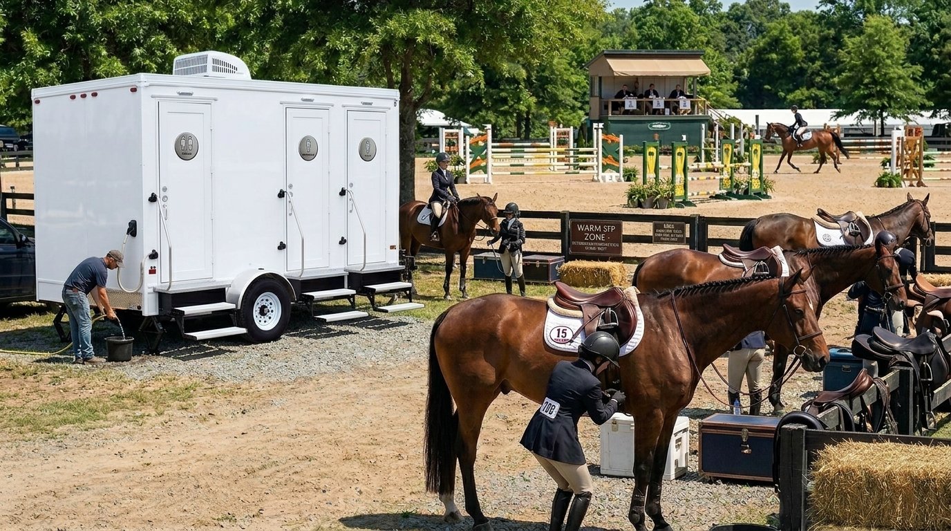 Equestrian event with horses, riders, and a viewing stand at an outdoor arena, featuring a mobile setup with showers and grooming stations.