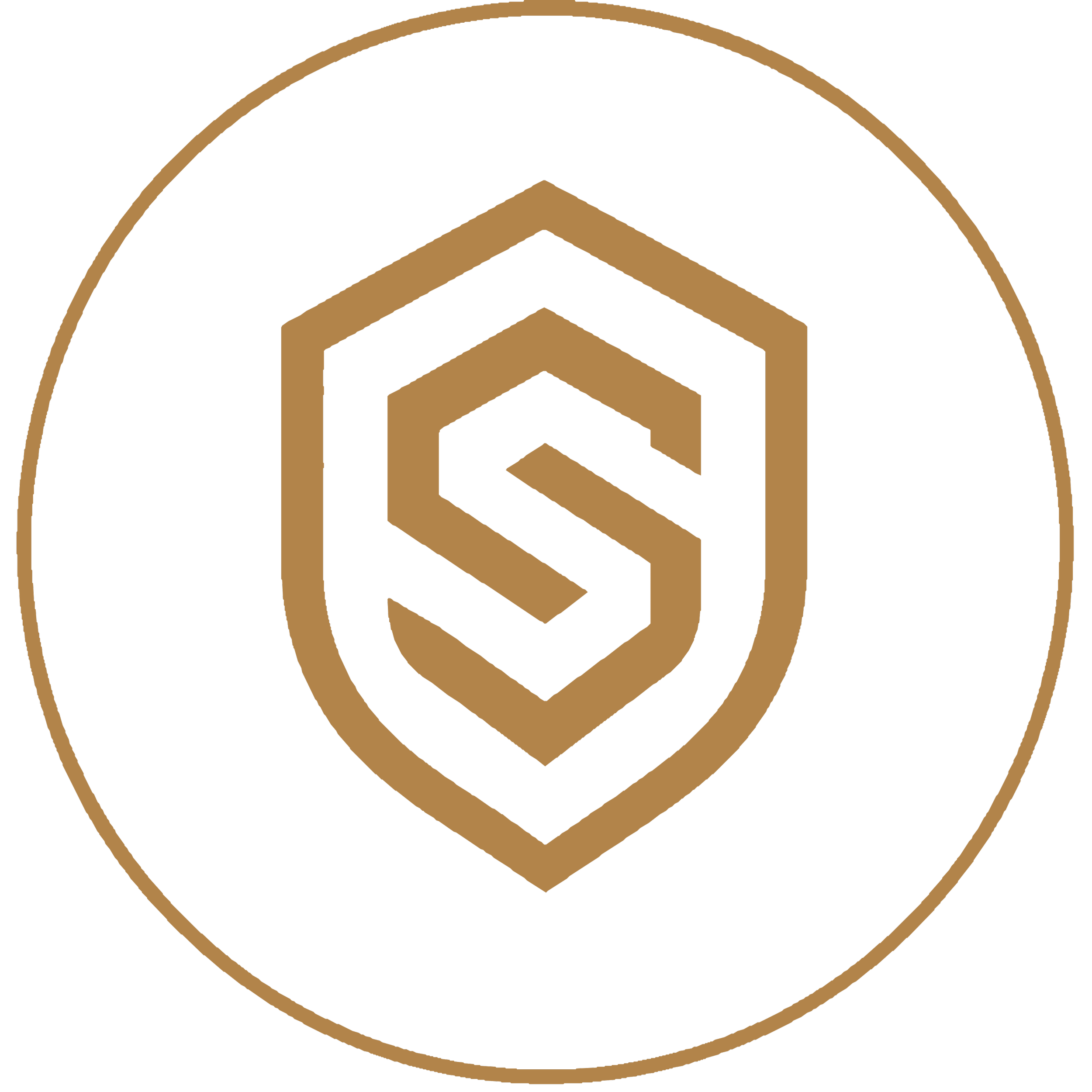 Gold geometric logo with pyramid shape enclosed in a circle.