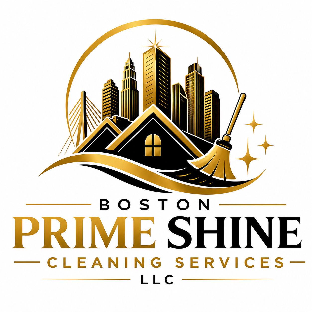 Logo for Boston Prime Shine Cleaning Services LLC featuring a city skyline, house, broom, and stars in black and gold