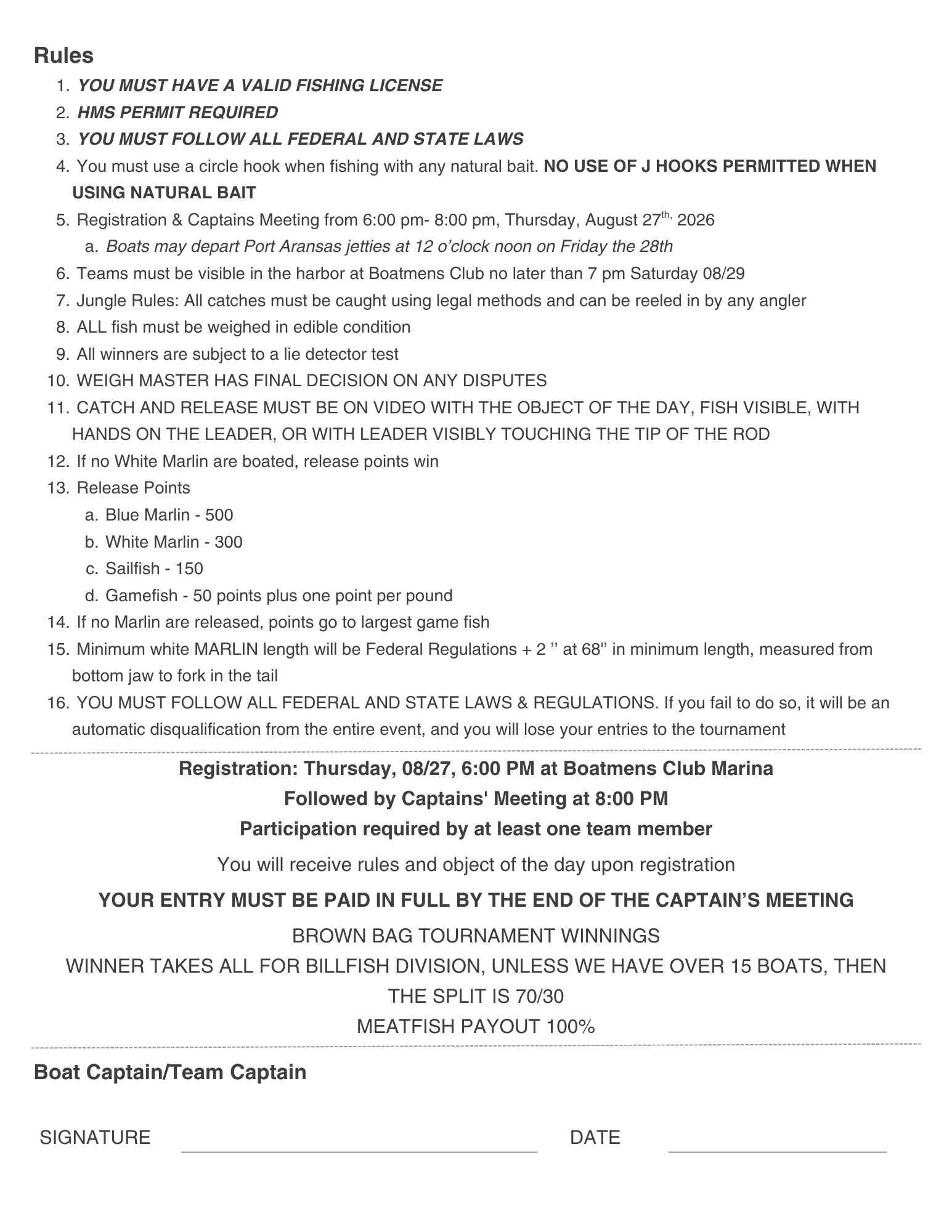 A scanned document outlining rules and regulations for a fishing tournament, including registration details, scoring, and payout information.