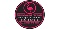 Logo for Flamingo Cove Car Wash in Rockport, Texas, featuring a pink flamingo and contact number 361-450-0315.