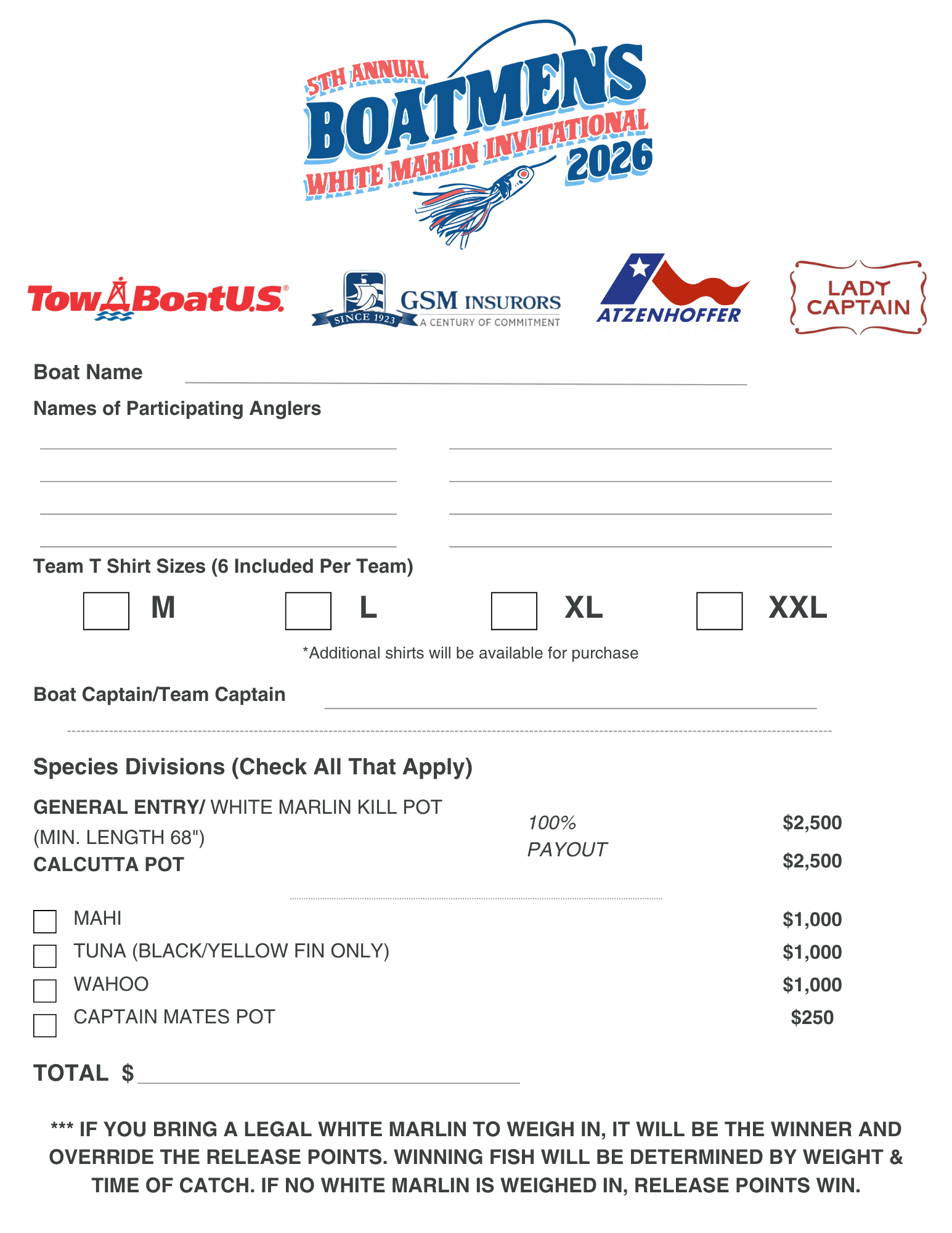 Flyer for the 5th Annual White Marlin Invitational boat tournament in 2026 with logos of sponsors and registration details.