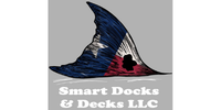 A logo of a shark with a blue upper body and white underbelly, with the text 'Smart Docks & Decks LLC' below the shark.
