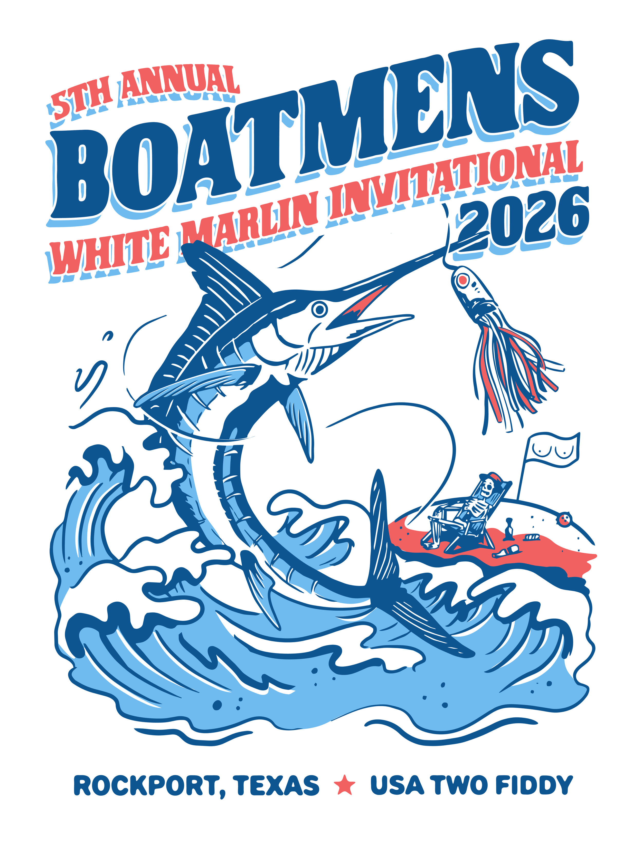 Design for the 5th Annual Boatmen's White Marlin Invitational 2020, featuring a stylized marlin jumping out of the water, with a fisherman in a small boat, and the event details and location at the bottom.