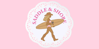 Logo for Saddle & Shoe, featuring a person playing guitar against a pink background with a decorative border.