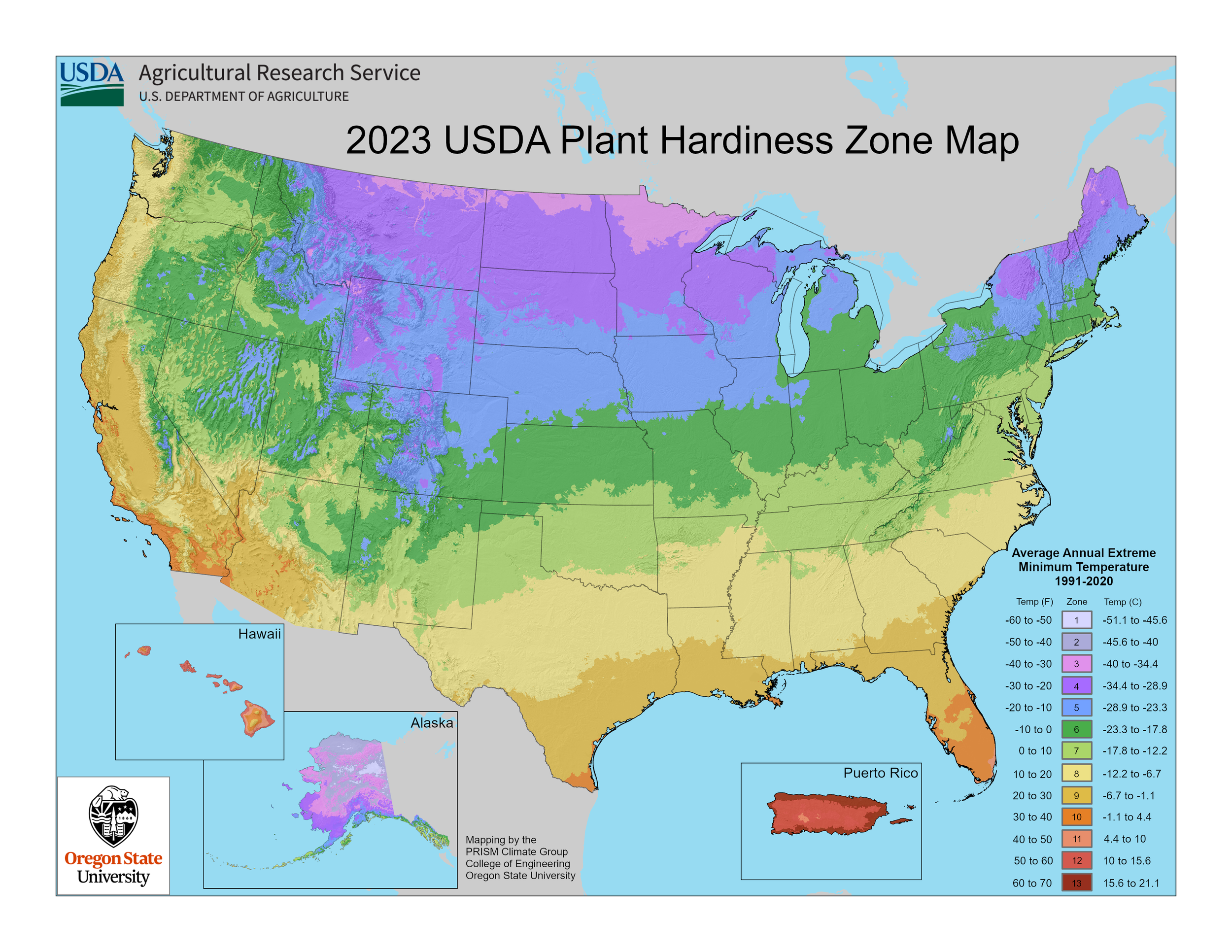 USDA Zone map highlighting each grow zone in the USA