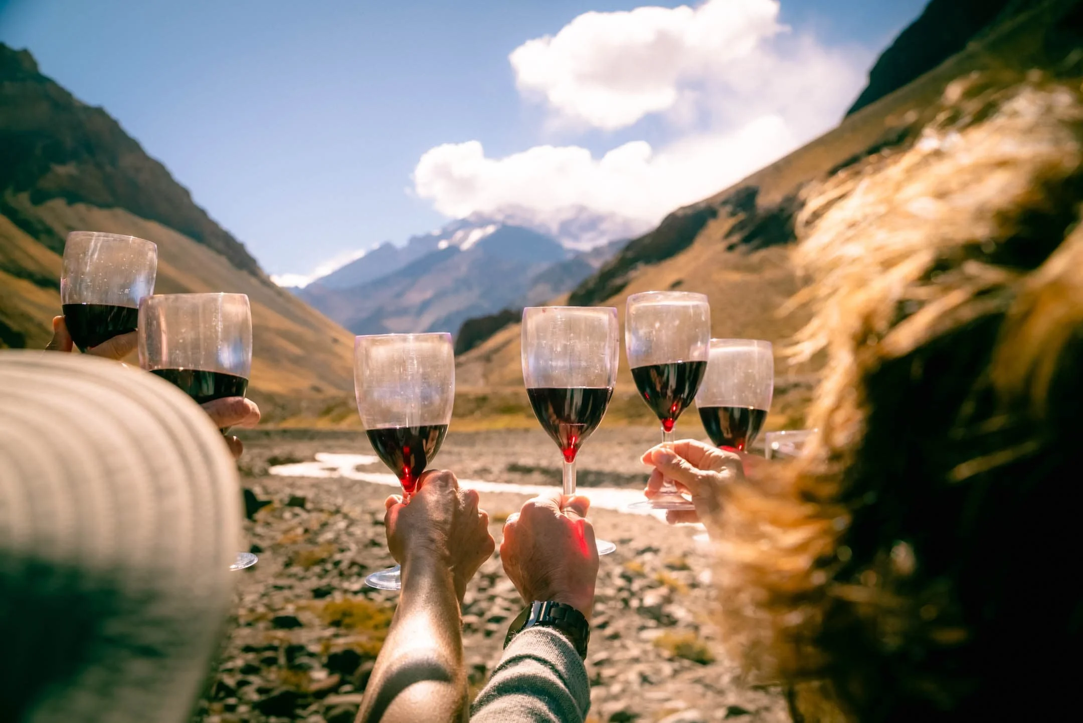 Group of people holding glasses of red wine in a mountain valley with hills and blue sky in the background.