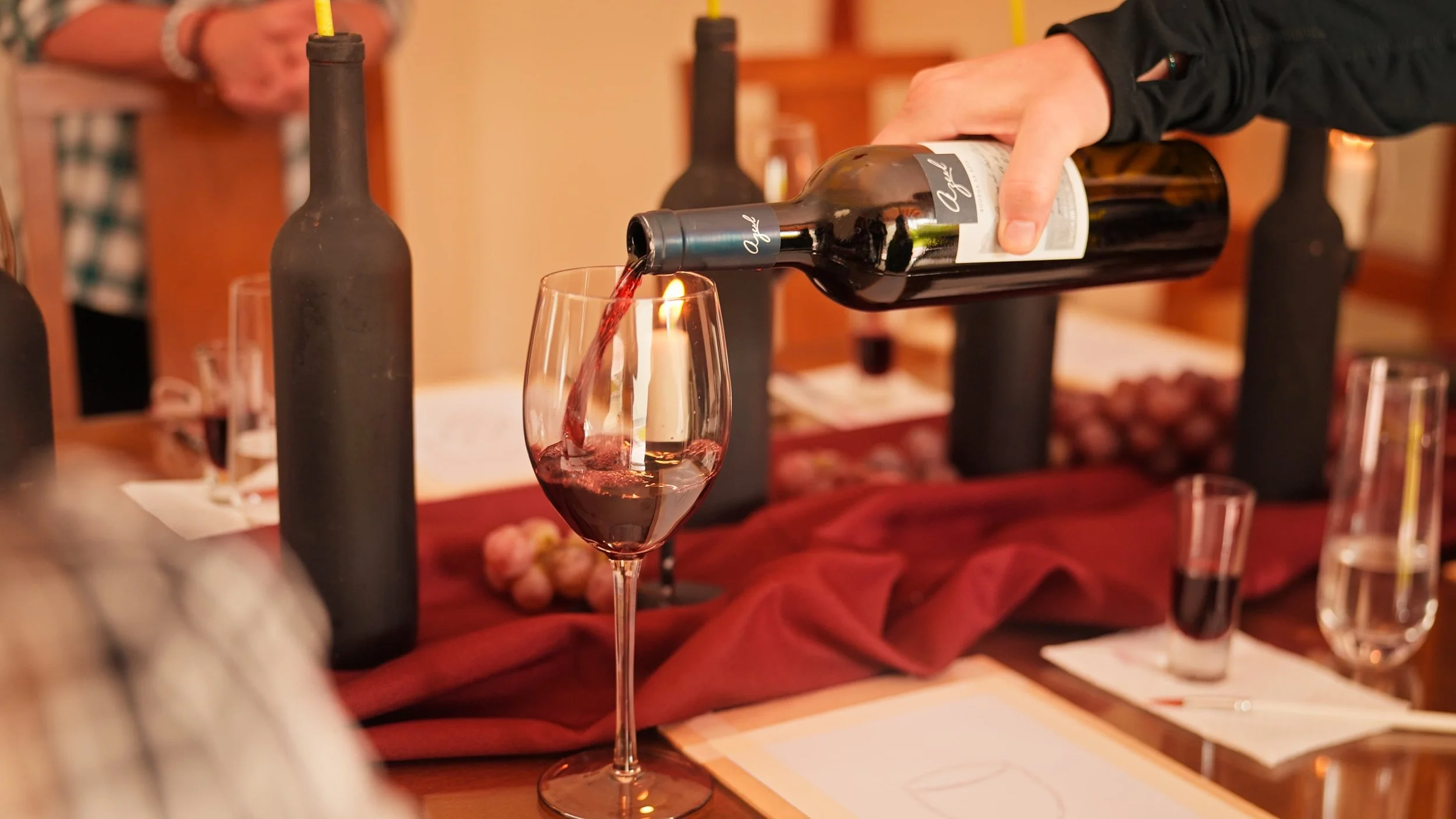 Person pouring red wine into a glass at a wine tasting event.
