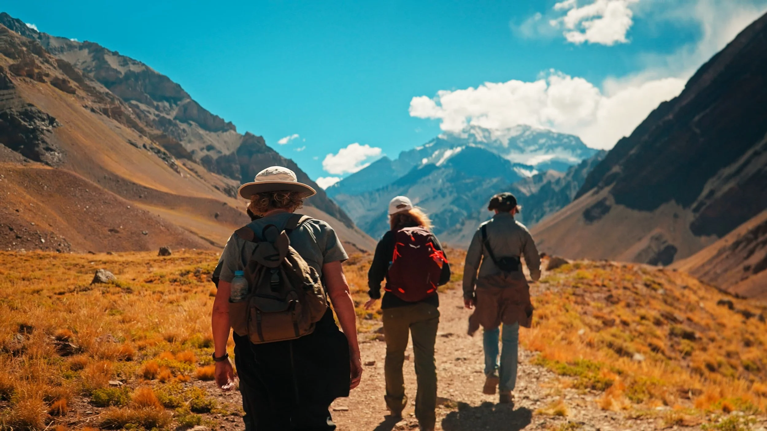 Group of four hikers walking on a trail through a mountain valley with colorful vegetation, mountains in the background, and blue sky with clouds.