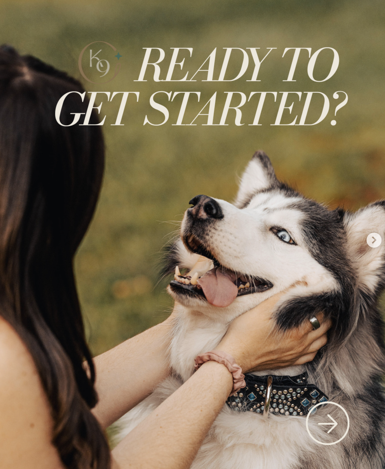 A person holding a happy husky dog with a black collar, outdoors on a green background, with text overlay saying, "Ready to get started?"