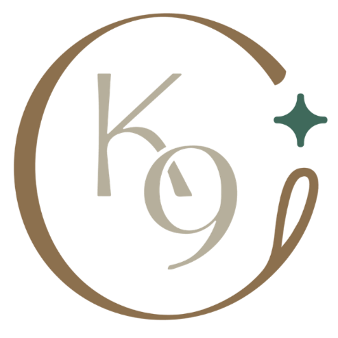 A logo with a stylized letter 'K' and number '9' inside a circle, a small star shape to the right, all in a greenish and brownish color scheme.