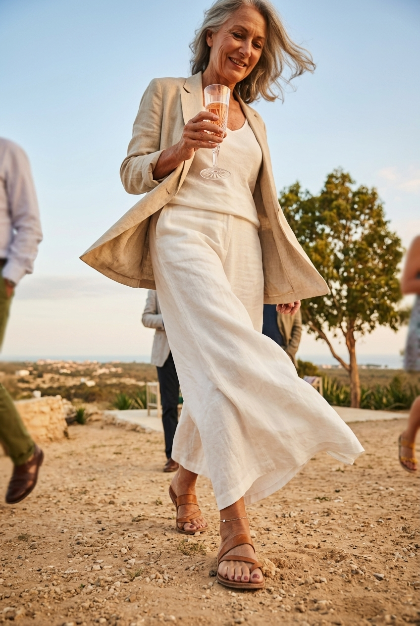 A smiling woman with gray hair in a beige blazer and cream-colored pants holding a glass of rosé wine at an outdoor gathering during sunset.