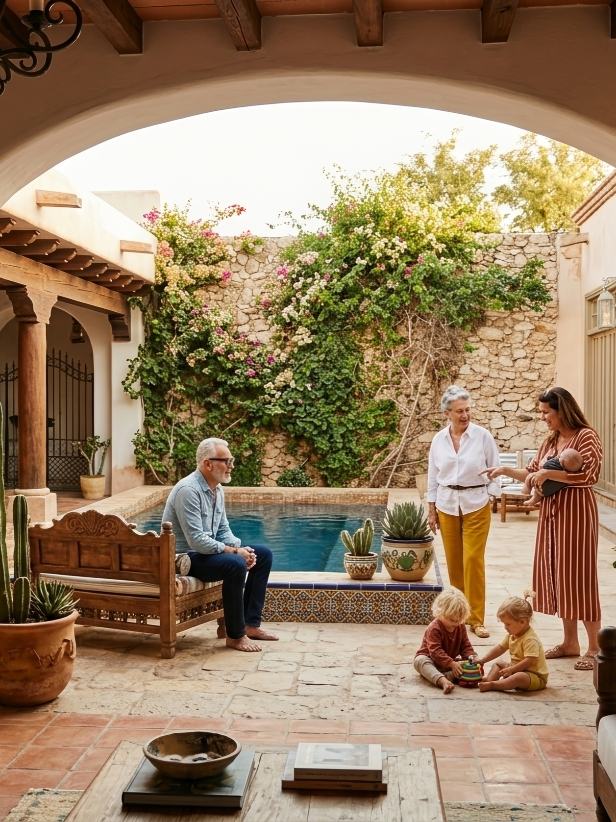 A courtyard with a pool and stone walls covered in flowering vines. A man is sitting on a wooden bench near the pool, a woman with gray hair is standing and talking to a woman holding a baby, and two children are playing on the stone floor. Potted ca
