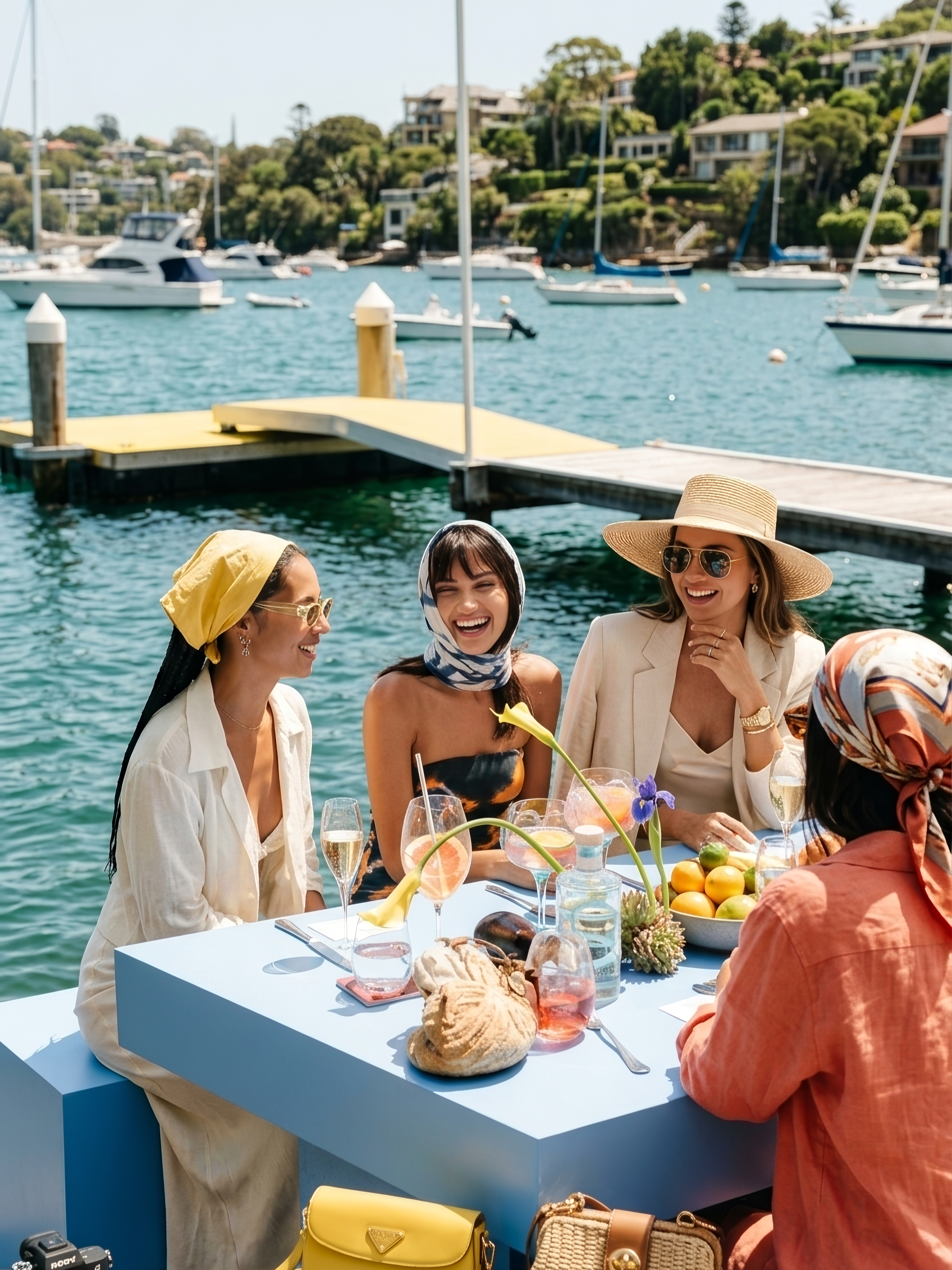 Group of women smiling and chatting at a blue table with drinks and food, by a marina with boats and houses in the background.