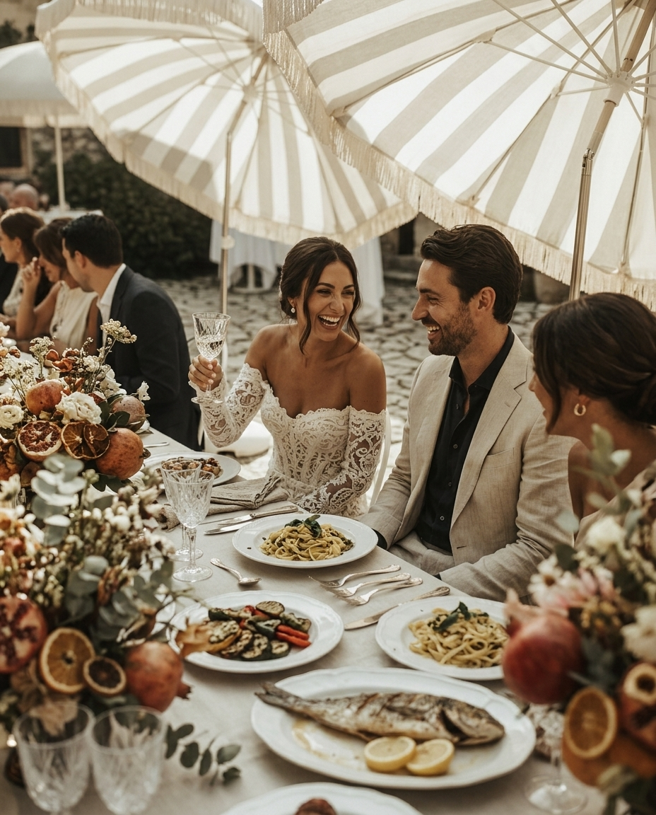 People enjoying a meal at an outdoor wedding reception with a long table, floral arrangements, and white and beige striped umbrellas for shade.
