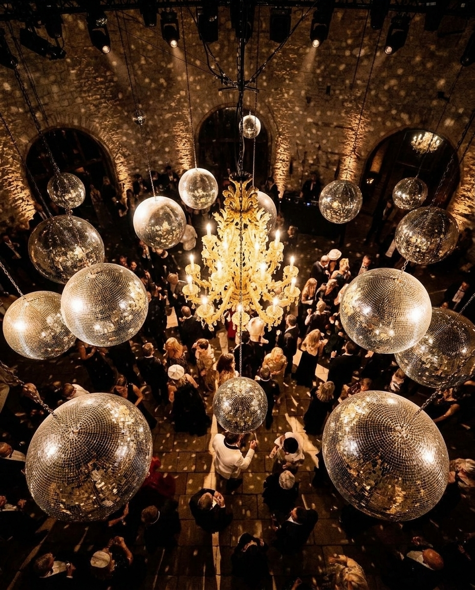 People dancing and socializing at a festive indoor event with a chandelier and multiple disco balls hanging from the ceiling.