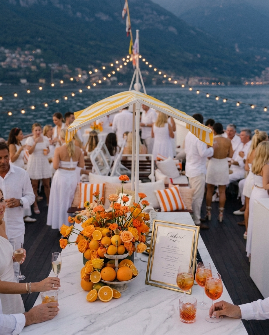 Guests at a boat deck party by the water, floral and citrus decorations, cocktail menu, and string lights at dusk.