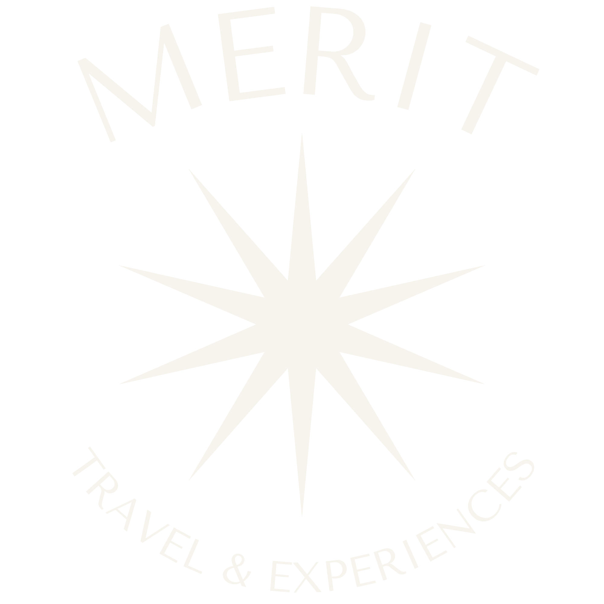 White background with an ivory compass star and the words 'MERIT TRAVEL & EXPERIENCES' circling around it.