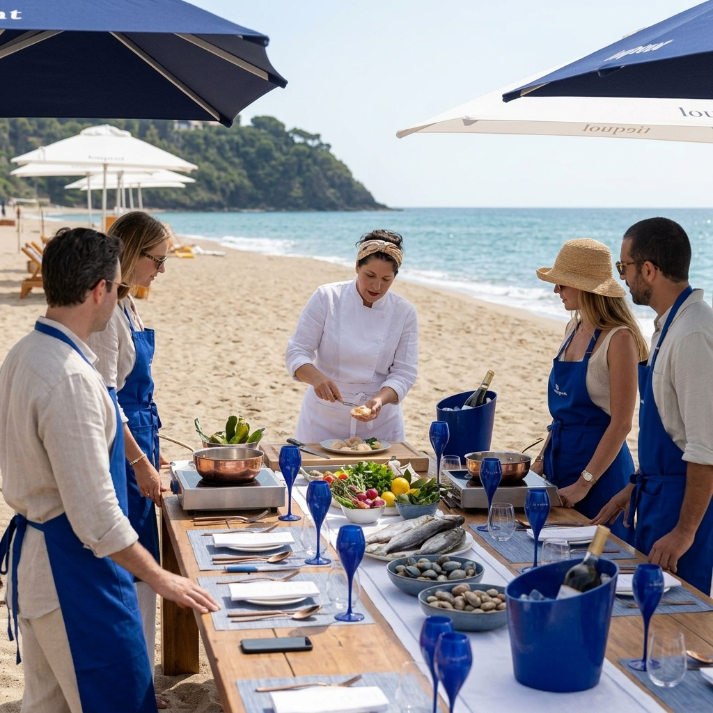 A group of people in blue aprons and a chef, preparing a seafood meal on a table set up on a sandy beach with umbrellas, ocean, and a distant green hill in the background.