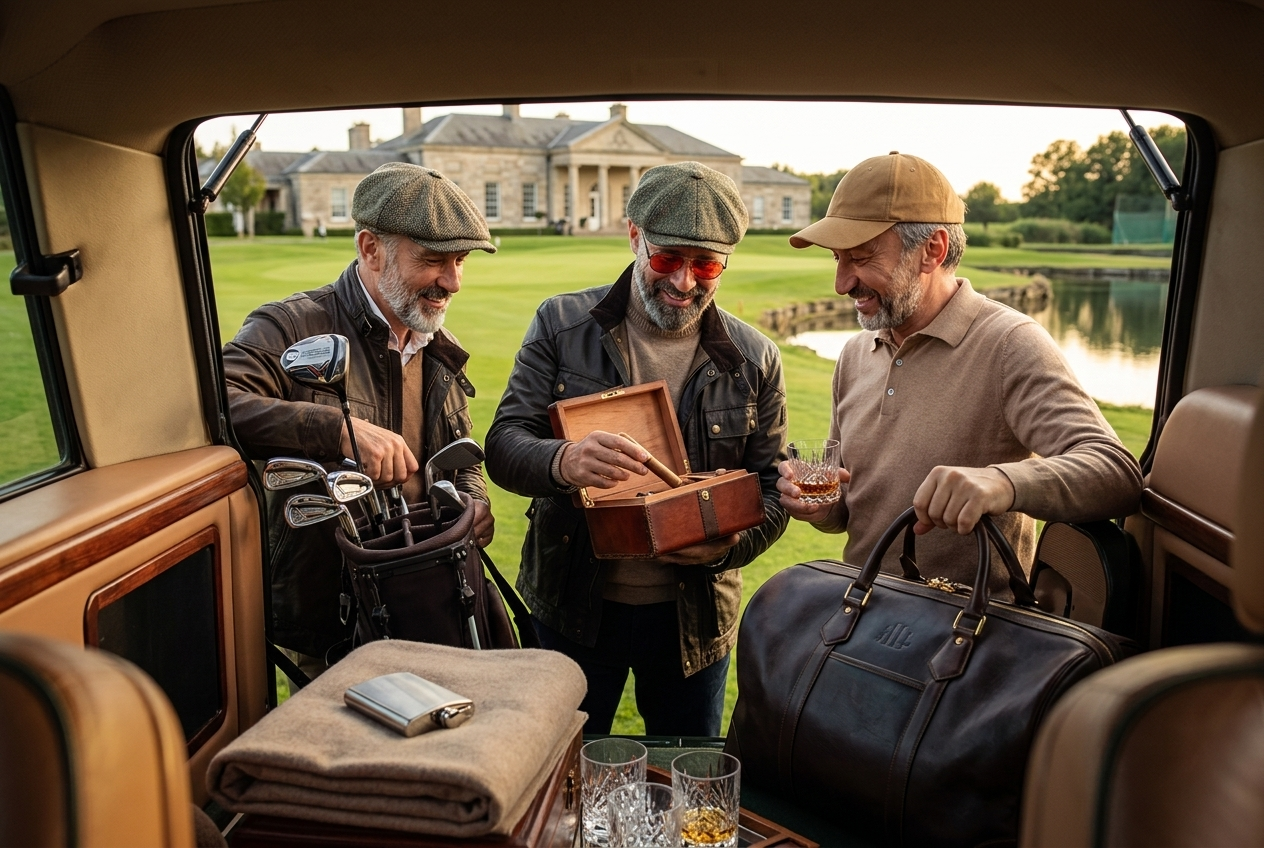 Three mature men dressed in golf attire stand outside a golf course, holding drinks and a wooden box, smiling and laughing.