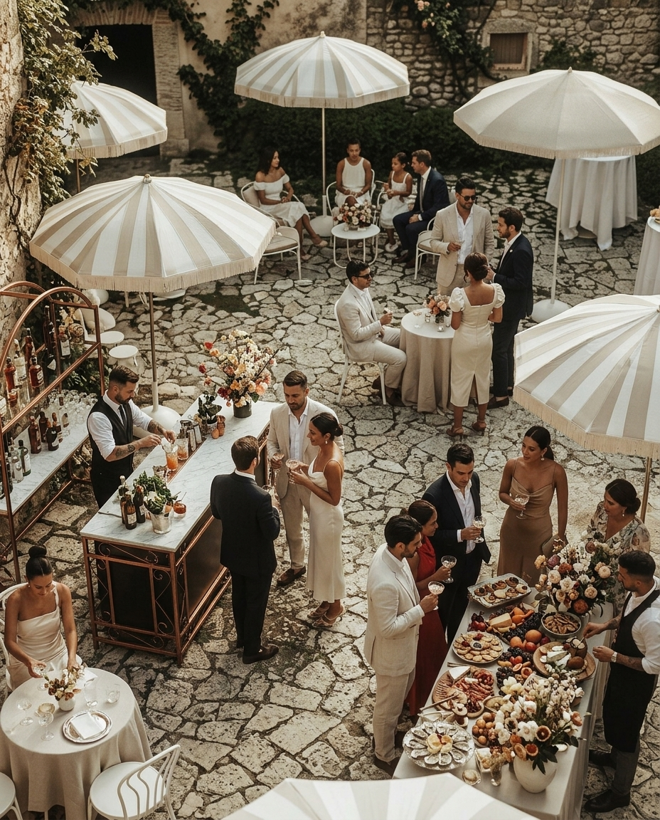 A wedding reception outdoors with guests gathered around tables and a bar under large striped umbrellas.