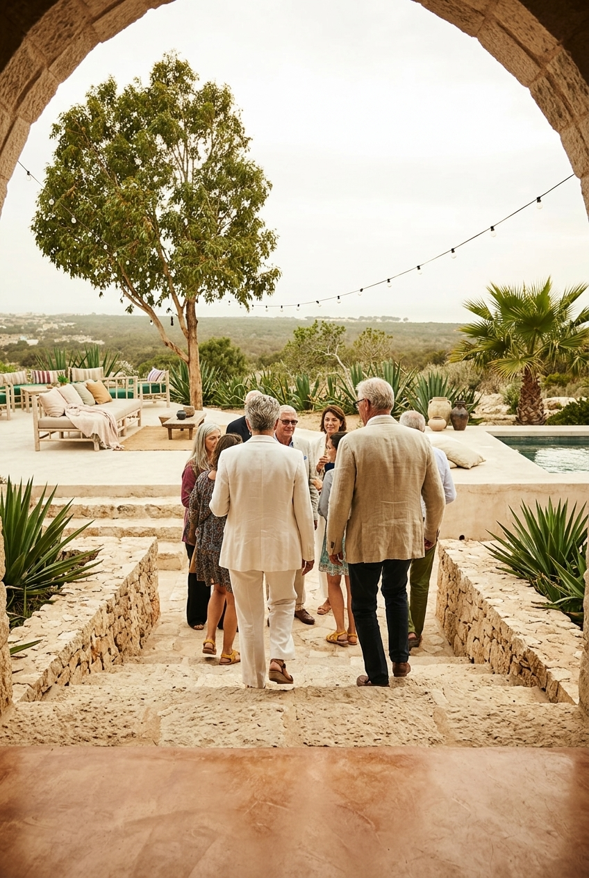 Group of people socializing outdoors on a terrace with trees, plants, and a swimming pool, viewed from under an archway during daytime.