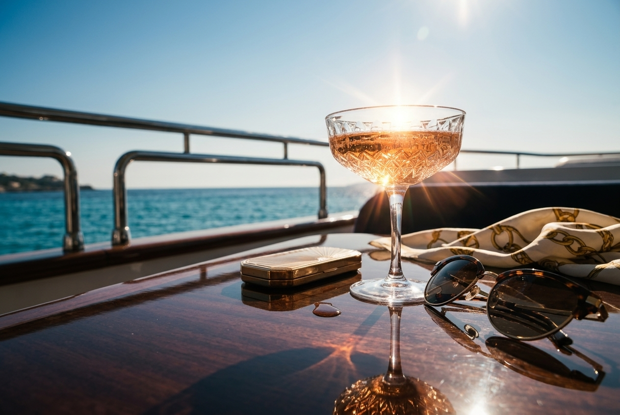 Sunset on a boat with a glass of rosé, sunglasses, a jewelry box, and a cloth on a polished wooden table.