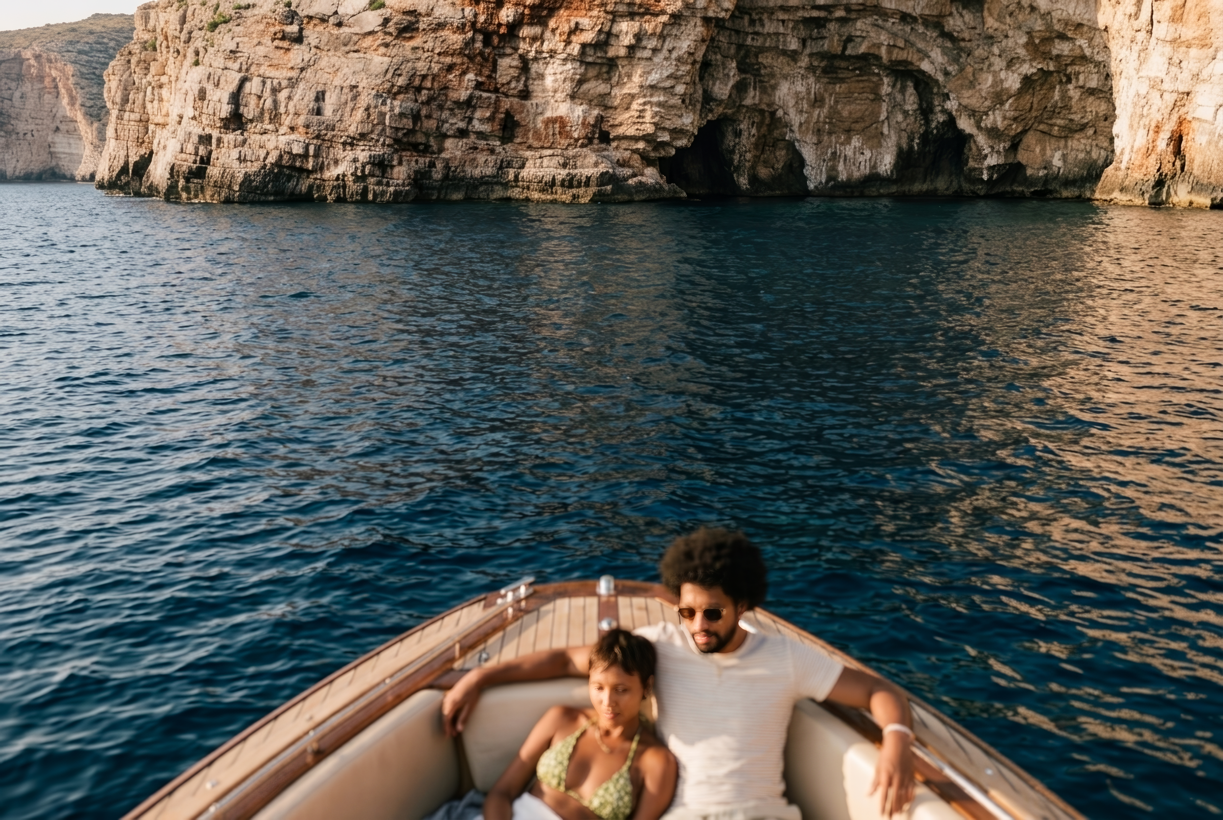 A boat at sea with a rocky cliff in the background and two people relaxing on the boat.
