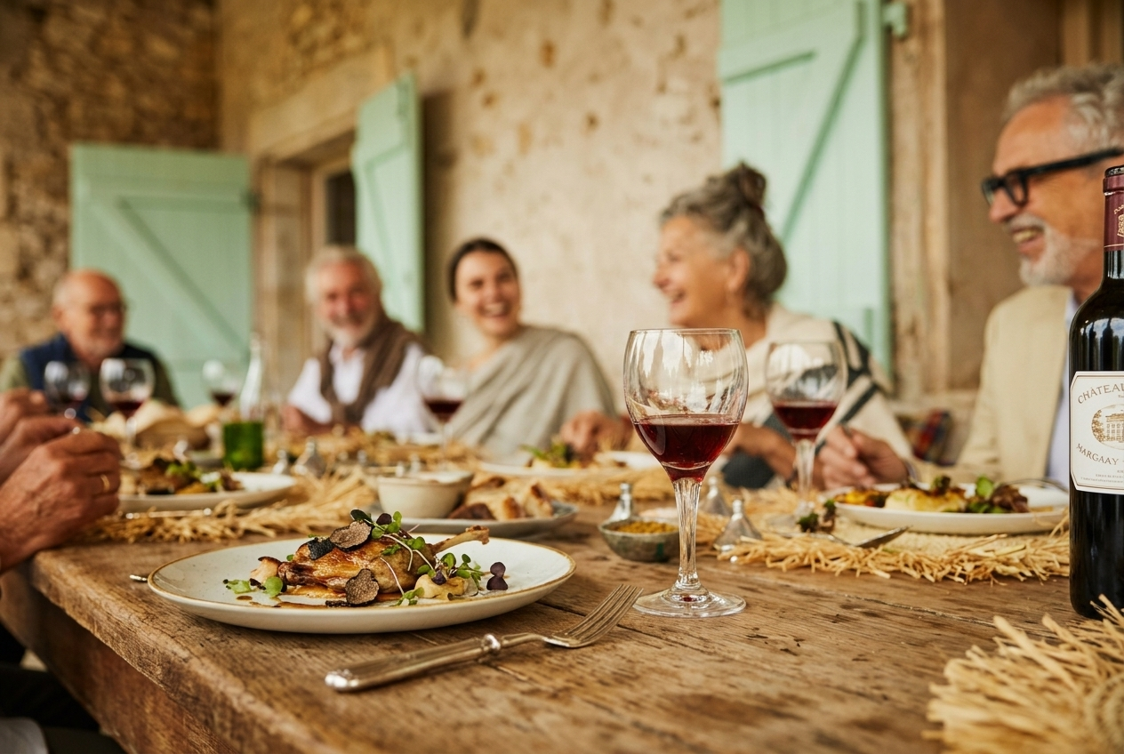 Family or friends gathering around a rustic dining table enjoying a meal with glasses of red wine, plates of food, and smiling faces in a cozy, rustic setting with green shuttered windows.