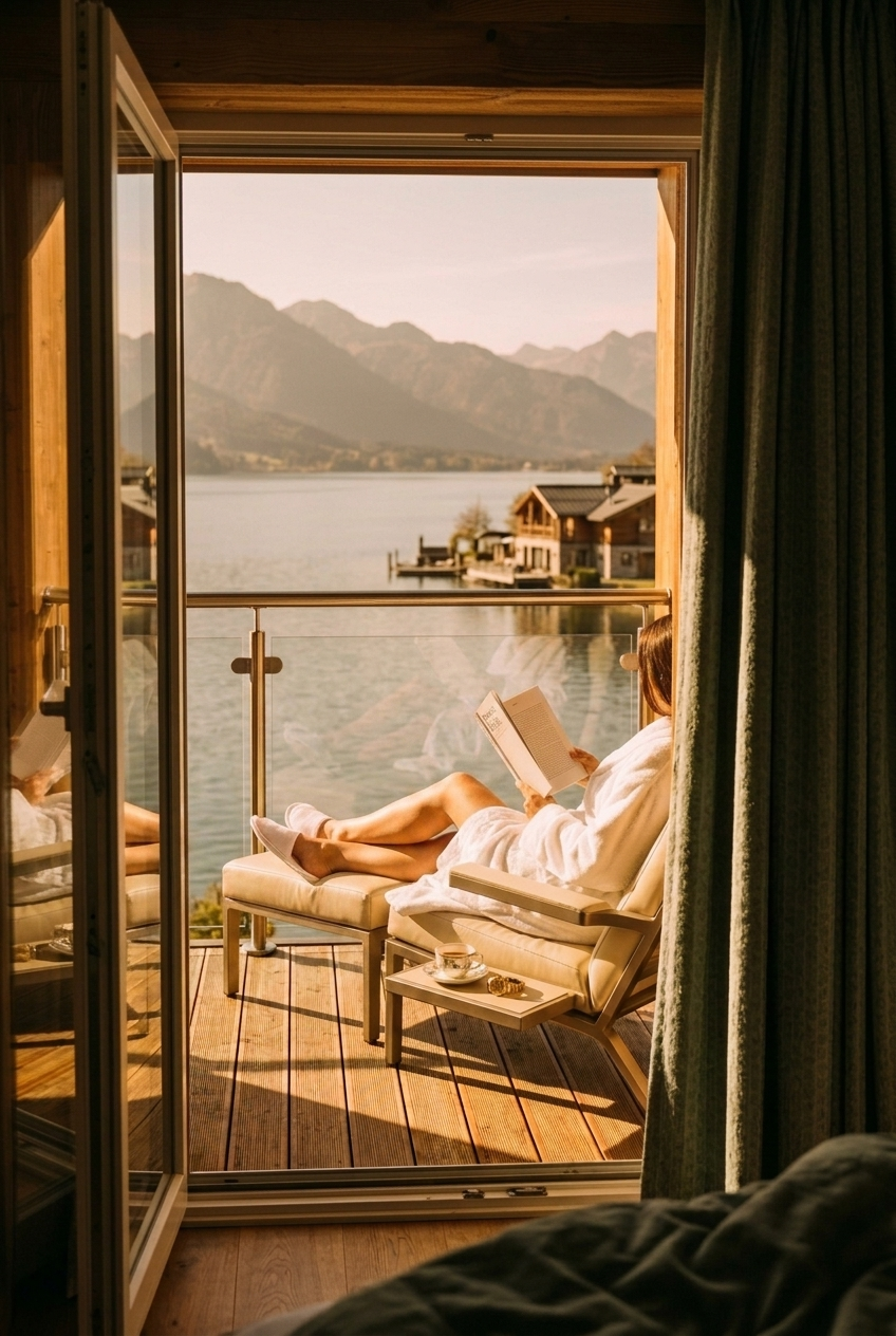 A woman in a white bathrobe relaxing on a balcony chair, reading a book, with a lake, mountains, and wooden houses in the background.