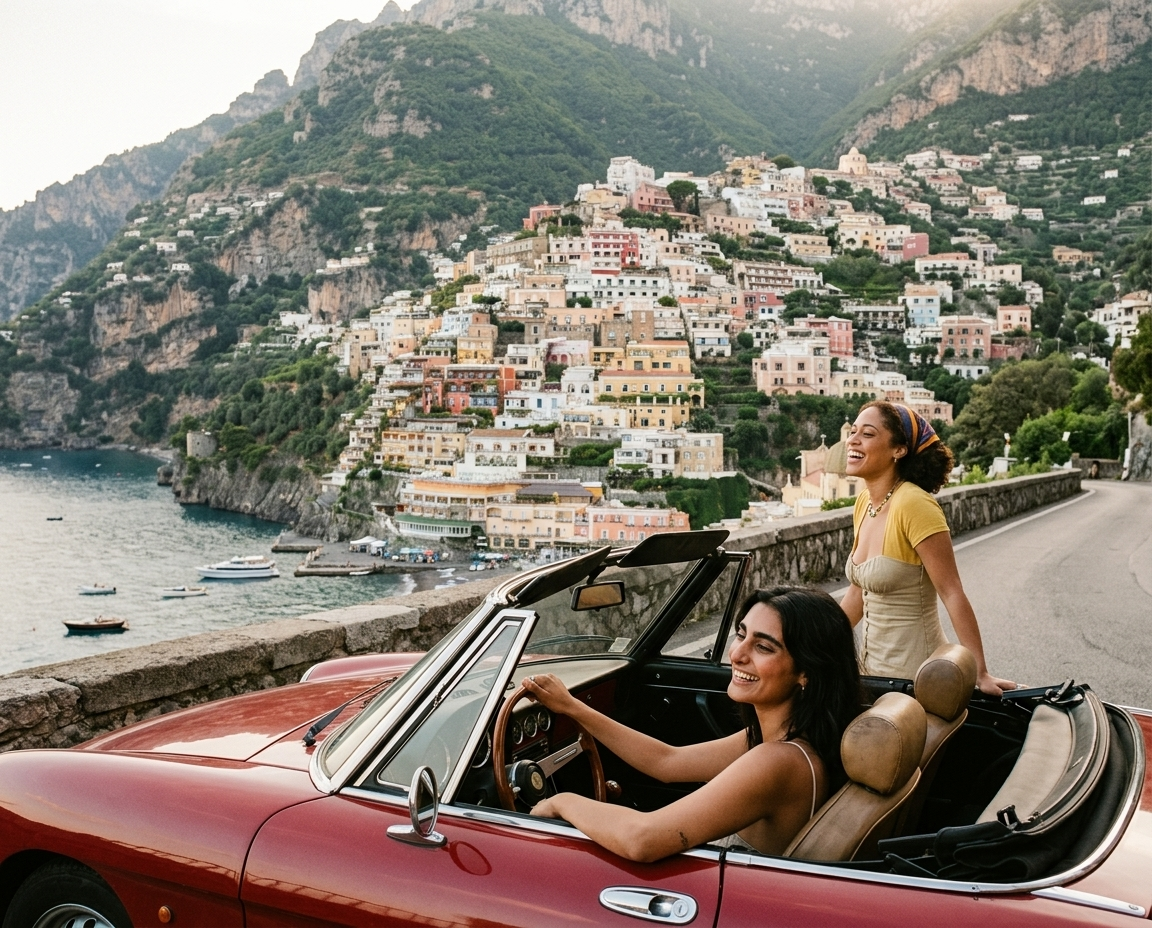 Two women enjoying a scenic coastal view from a red convertible car on a winding mountain road. The background features colorful hillside houses and boats near the water.
