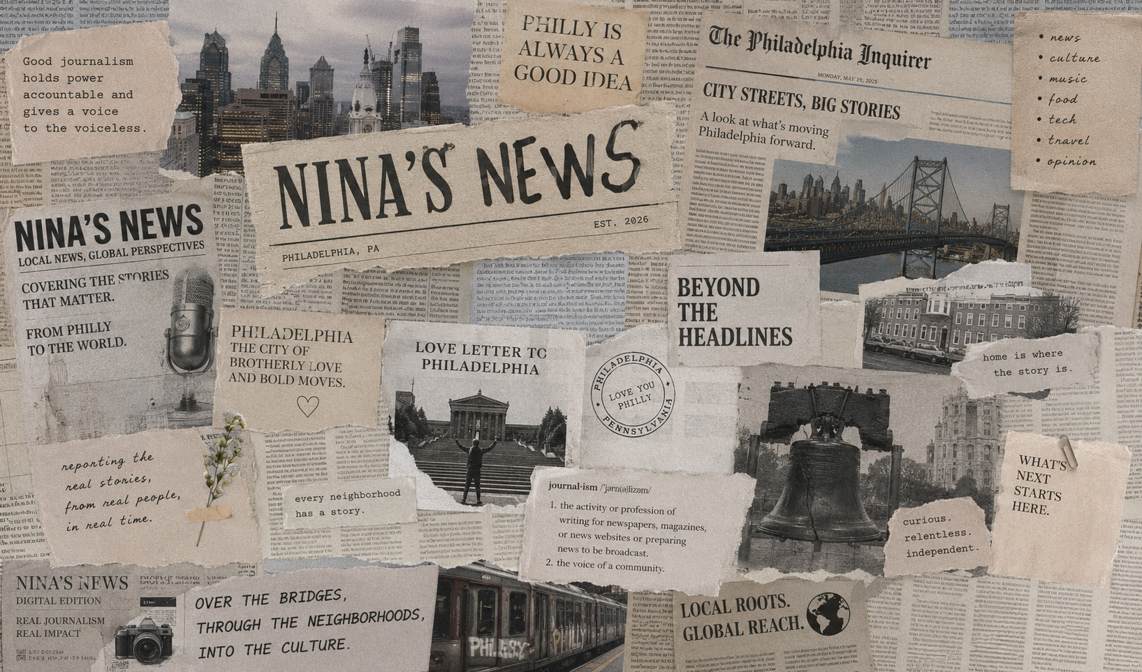 Collage of various newspaper clippings, photos, and headlines related to Philadelphia, featuring cityscapes, landmarks, and headlines like "Nina's News," "Beyond the Headlines," and "Philadelphia Inquirer."