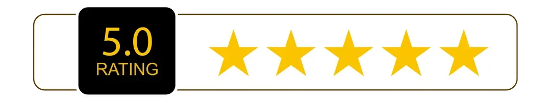 A review badge with a black square showing '5.0 RATING' in yellow over five yellow stars, on a white background.