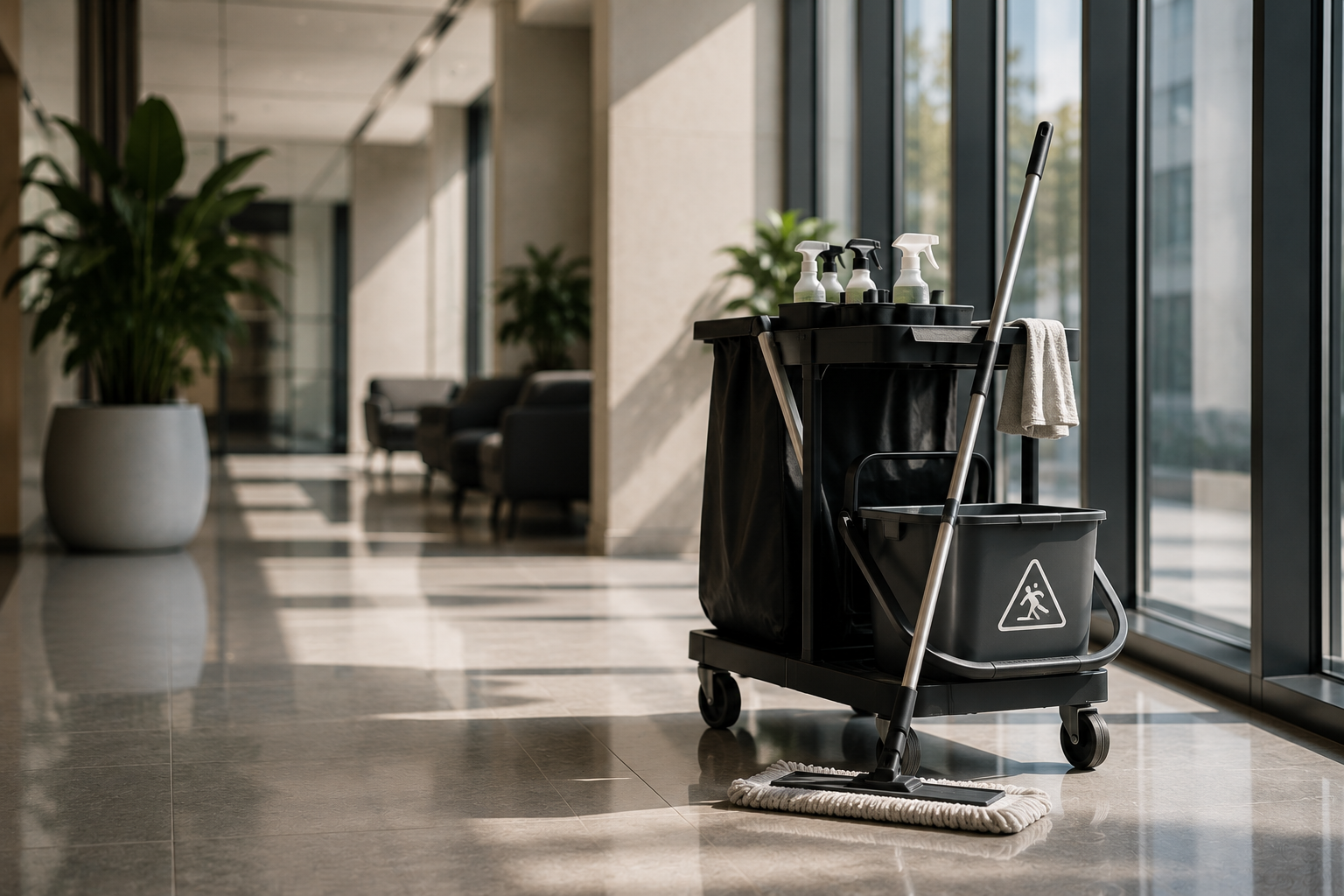 Commercial cleaning cart with professional cleaning supplies in a modern office building lobby.