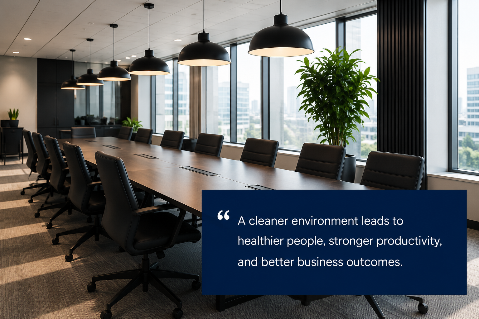 Modern conference room with a quote emphasizing that cleaner environments lead to healthier people, stronger productivity, and better business outcomes.